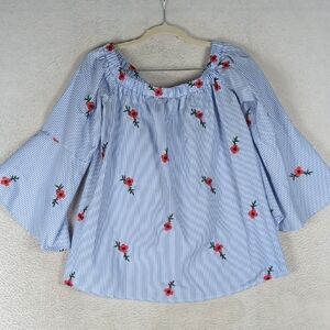Always Indigo Women's Striped Poppy Floral Off Shoulder‎ Blouse Size XL